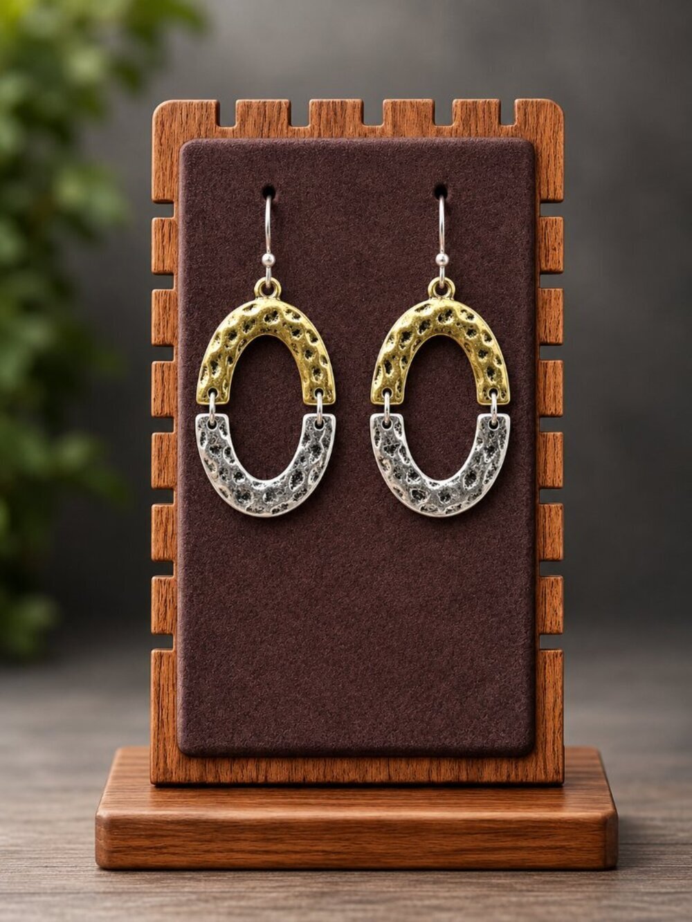 Two Tone Gold and Silver Oval Drop Earrings - Picture 3 of 6